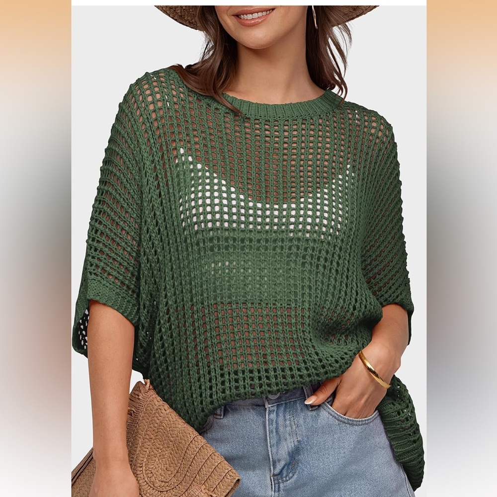 UHU crocheted short sleeve mesh Green Knit Sweater trendy top - Picture 7 of 15